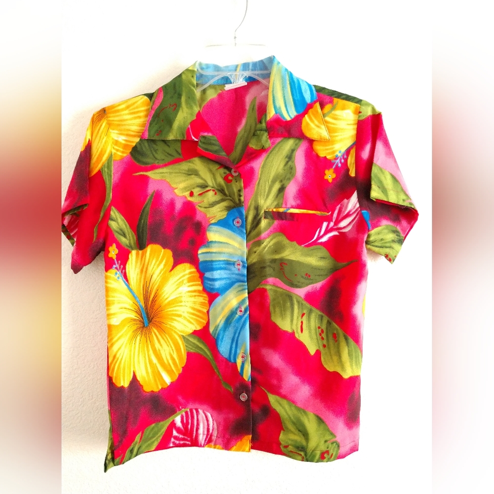 King Kameha Women's Hawaiian Shirt Pink Green Floral Print Size XS Petite XSP